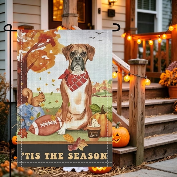Cute Boxer Dog Squirrel Football Pumpkin Fall Pattern Wildlife Pet Fall Football Garden Flag, Polyester, 1218 Inch, Outdoor Yard Decor
