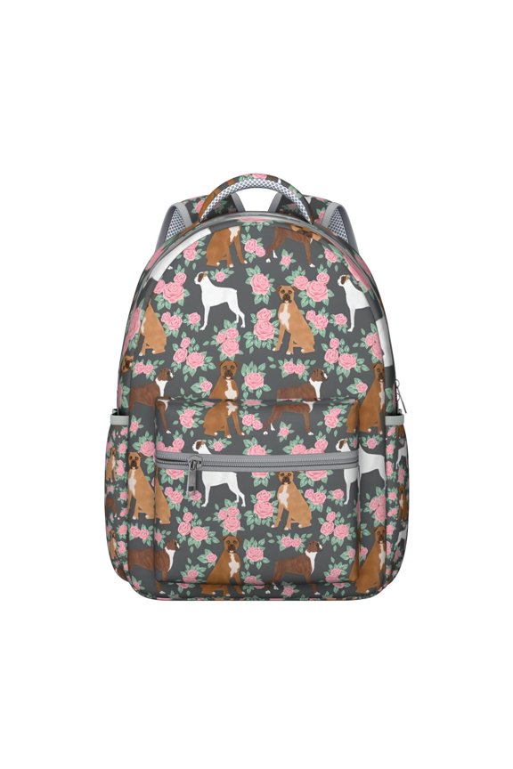 Cute Boxer Dog and Flowers Florals Backpack for School,Cute School Bag,Schoolbag with Adjustable Shoulder Straps & Padded Back,15.3"x11"x7.1".