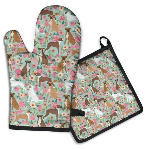 Cute Boxer Dog and Flowers Florals Kitchen Oven Mitt and Pot Holder Sets 2 Pcs for Baking, Cooking and Grilling, Heat Resistant Up To 392 °F