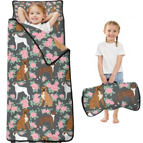 Cute Boxer Dog and Flowers Florals Toddler Nap Mats for Kids Preschool,Sleeping Mat Bag or Kids,Toddler Sleeping Bag,Toddler Nap Mat or Daycare