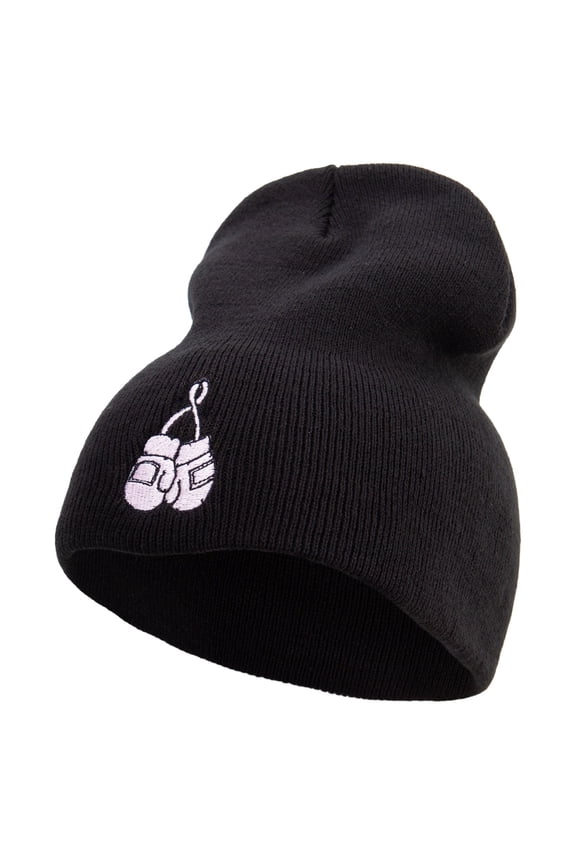 Cute Boxing Gloves to Cancer Day Embroidered 8 inch Acrylic Short Beanie - Black OSFM