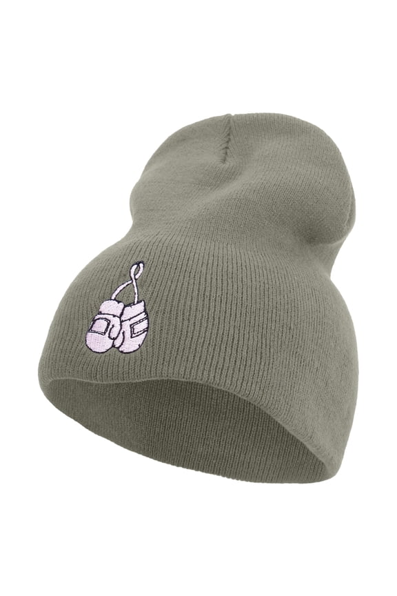 Cute Boxing Gloves to Cancer Day Embroidered 8 inch Acrylic Short Beanie - Grey OSFM