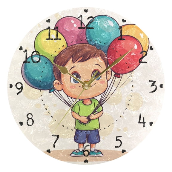 Cute Boy with Bundle Of Balloons Round Wall Clock Silent Analog Battery Operated Gold Pointer Home Decor 9.84" Diameter