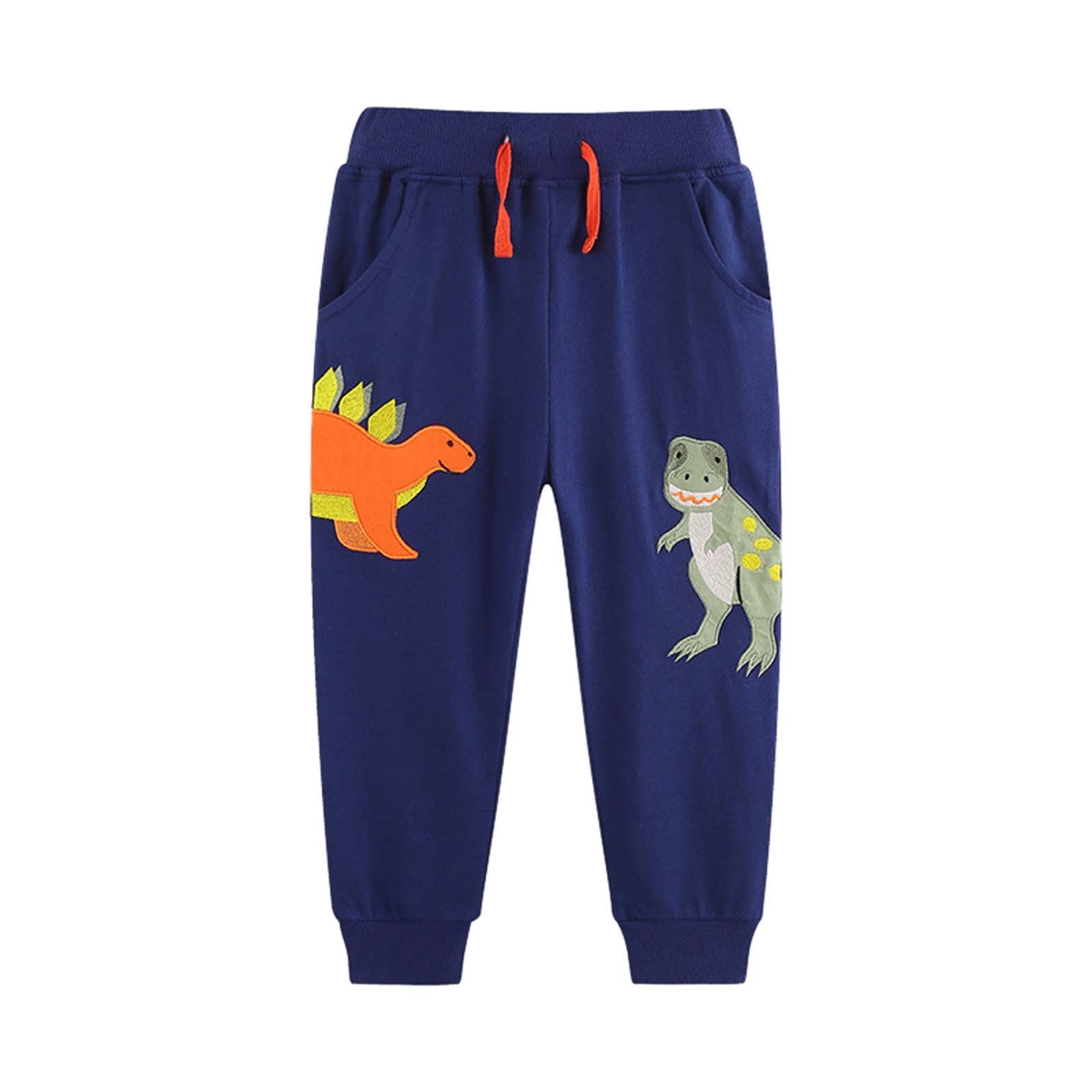 Cute Boys Sweatpants Athletic Pants Kids Fall Cartoon Dinosaur Embroidered Drawstring Sports Boys Activewear Casual Pants Dark Blue 6-7 Years