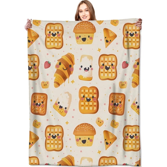 Cute Bread Blanket Breakfast Pastries Throw Blankets,Birthday Gifts for Kids Women,Lightweight Soft Fleece,with Waffle Croissant and Muffin,Sofa Couch Bed Room Thanksgiving Decor 40x50in