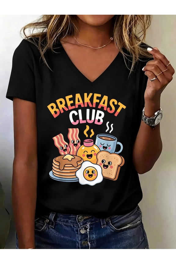 Cute Breakfast Crew Donut Coffee Egg Pancakes V Neck T-Shirt Cotton Women's V Neck Graphic Tee, Casual Short Sleeve Shirt,Vacation Outfit