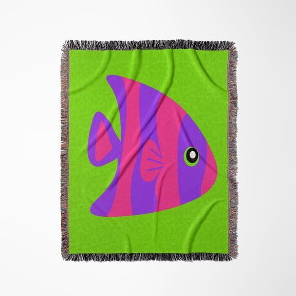 Cute Bright Purple And Pink Stripe Tropical Fish On Green, Woven Blanket