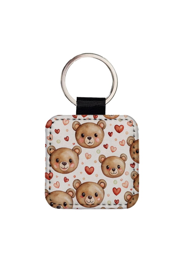 Cute Brown Bear Faces Hearts Faux Leather Square Keychain