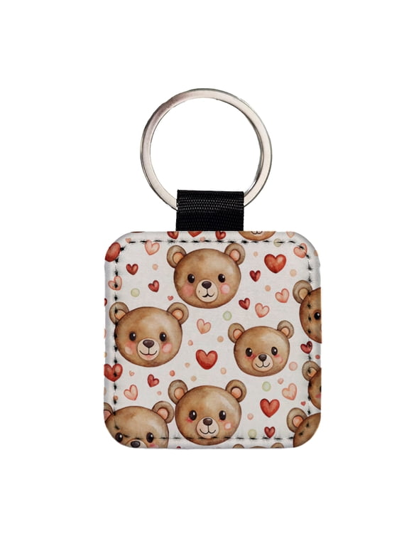 Cute Brown Bear Faces Hearts Faux Leather Square Keychain