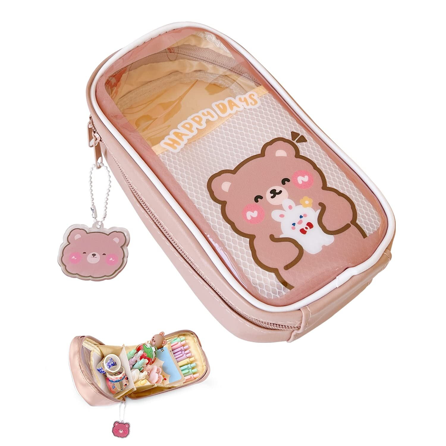 clberni Cute Brown Bear Pencil Case, Aesthetic Pencil Pouch, Kawaii School Supplies Makeup Bag for Girl Women Adult, Size: 8.54 x 4.52 x 2.36