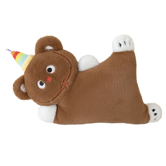 Cute Brown Bear Plush Pillow, Soft Stuffed Animal with Rainbow Horn, Huggable Cushion & Gift for Cozy Home Decor