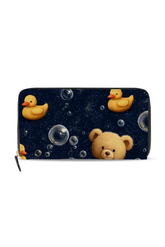 Cute Brown Bear Rubber Ducks Bubbles Women's Long Zipper Wallet Bifold Clutch Purse PU Leather Card Cases