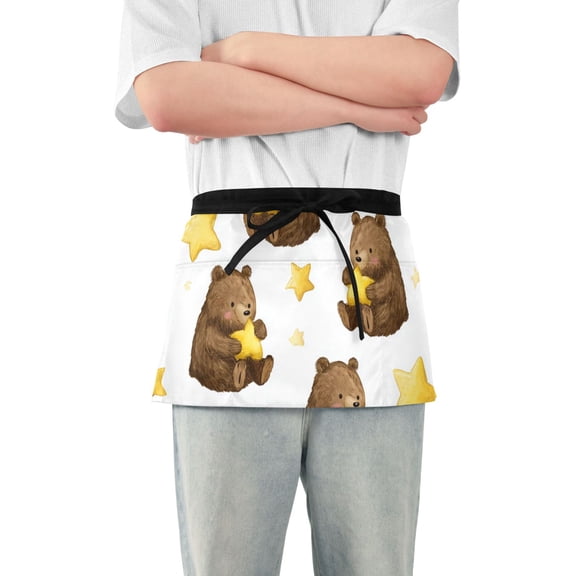 Cute Brown Bears Hold Yellow Stars Short Server Apron with 3 Pockets for Unisex Chef Gardening