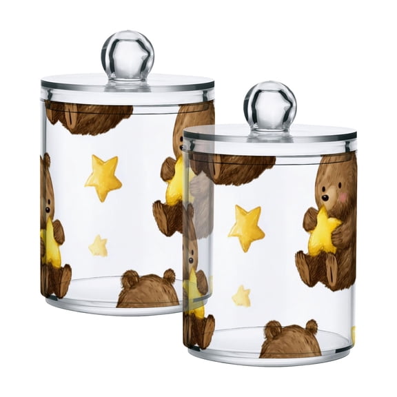 Cute Brown Bears Hold Yellow Stars Translucent Plastic Cans Storage Canisters with Lid Set of 2