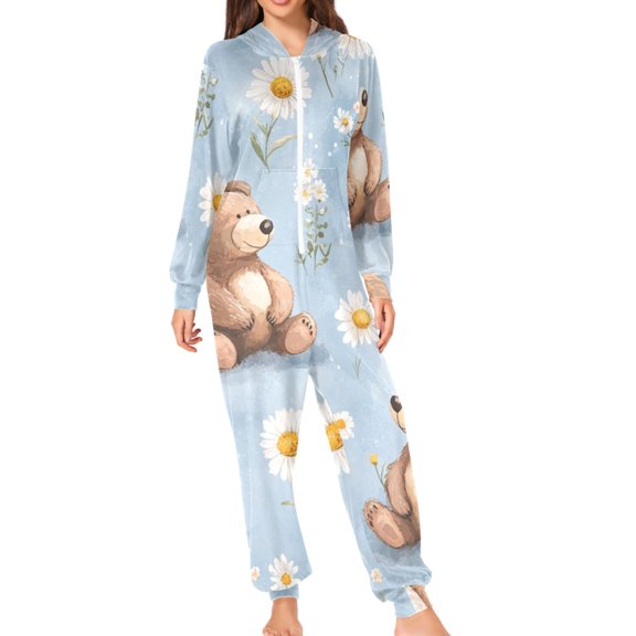 Cute Brown Bears White Daisies Leaves Adult's Hoodie Onesie Jumpsuit One-Piece Pajamas with Zipper Unisex for Holiday M