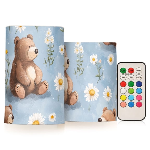 Cute Brown Bears White Daisies Leaves Flickering Flameless Candles LED Tealight Battery Operated with Remote Set of 2 Holiday Decor Ornaments