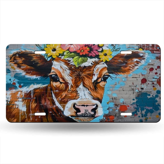Cute Brown Cow With Flowers On Head Decorative Signboard, Decorative Metal Plate with 4 Holes, 6x12inch Artistic Plate Frame