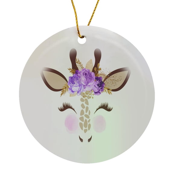 3drose, Cute Brown Giraffe Face with Purple Flowers Illustration, Circle Porcelain Ornament