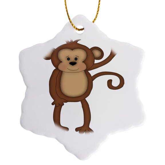 Cute Brown Jungle Monkey Saying Hi Illustration, 3 inch Snowflake Porcelain Ornament
