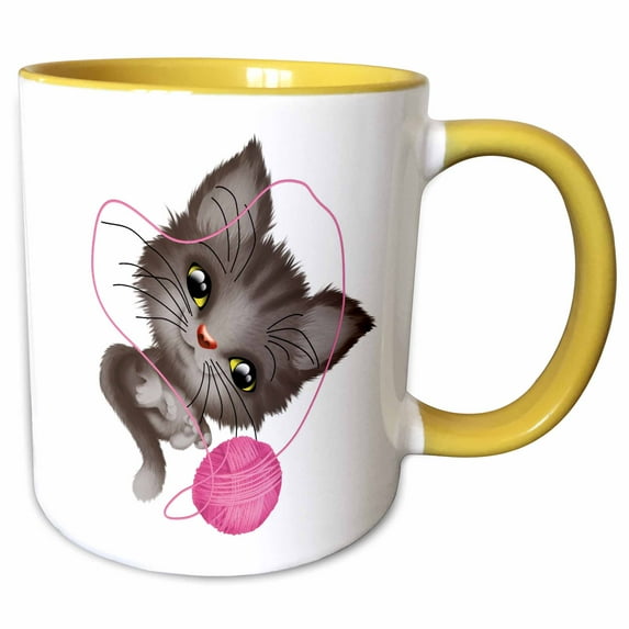 Cute Brown Kitten Playing A Pink Ball Of Yarn Illustration 11oz Two-Tone Yellow Mug mug-339985-8