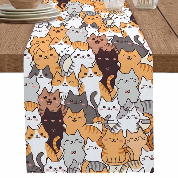 Cute Brown Orange Black Grey Cat Table Runner-36 Inch Long Modern Cartoon Animal Table Runners Linen Burlap Tablerunner for Kitchen Dining Room Holiday Party