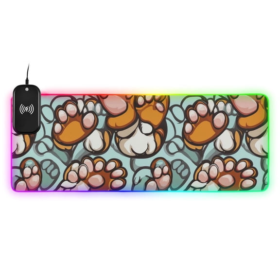 Cute Brown Paws Wireless Charging RGB Gaming Mouse Pad Large Keyboard Mat Rubber Base 13 Light Modes