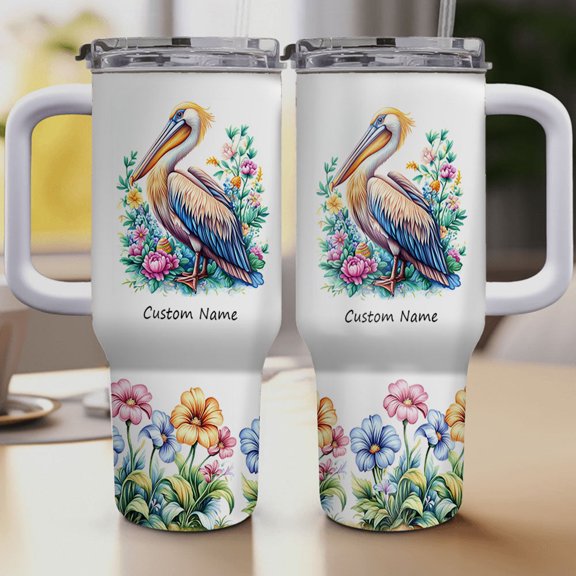 Cute Brown Pelican Gift for Bird Lover - 40oz Travel Mug with Lid, Handle & Straw - Custom Name Stainless Steel Tumbler for Girls, Women on Birthday or Christmas