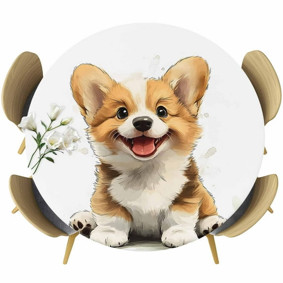 Cute Brown Puppy Round Tablecloth 36-44 Inch Round Fitted Table Cloth with Elastic Edge, Modern Dog Cartoon Watercolor Waterproof Table Cover Protector for Outdoor Picnic Party Dining