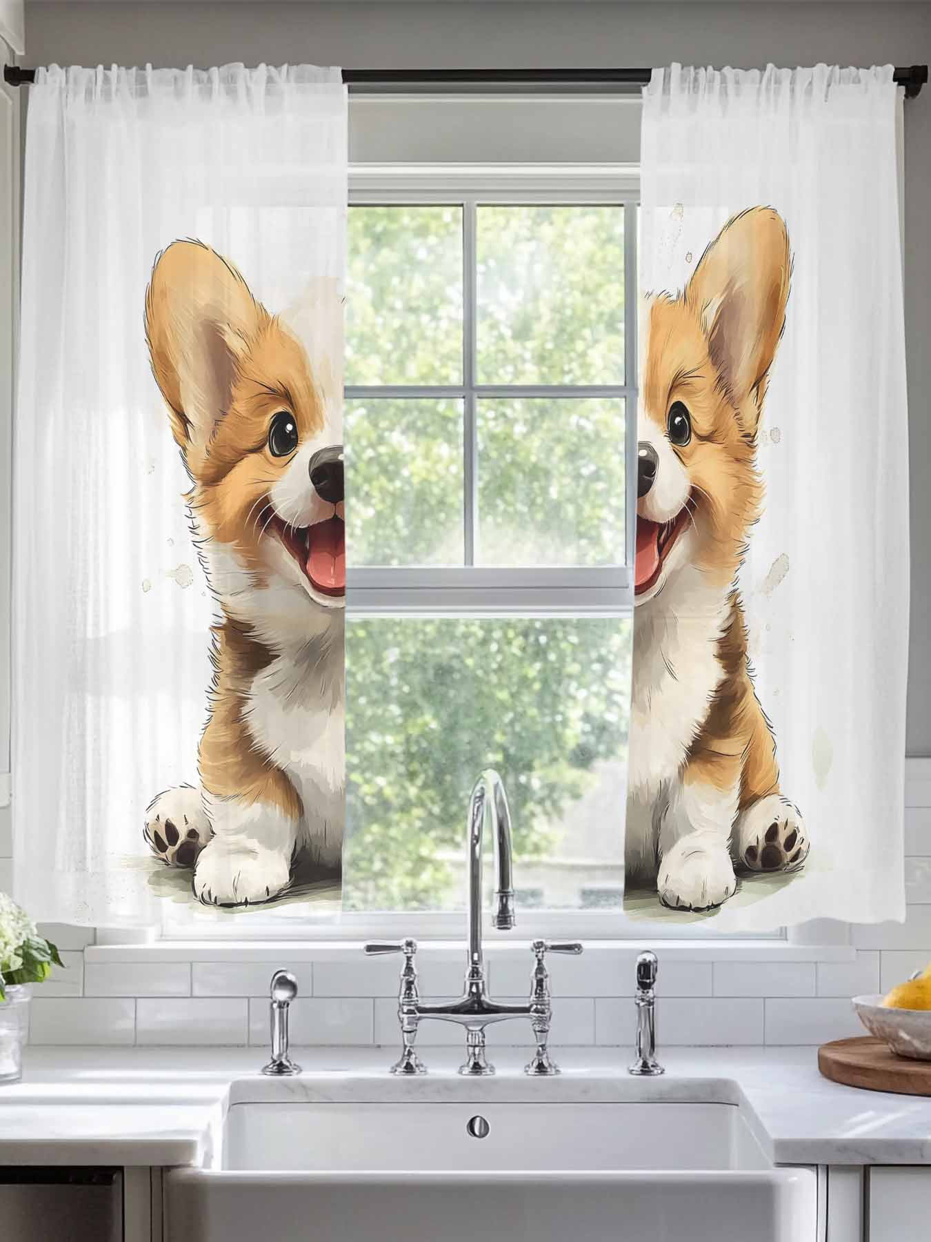 Cute Brown Puppy Sheer Curtains for Living Room Bedroom Modern Dog