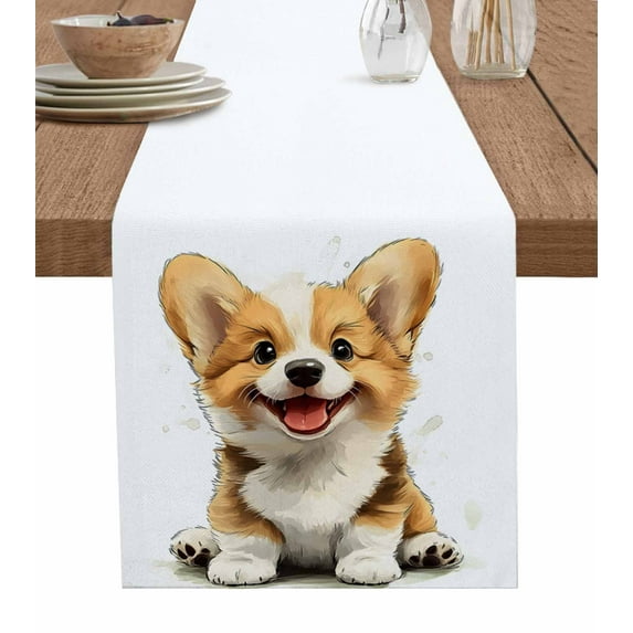 Cute Brown Puppy Table Runner 48 Inches, Modern Dog Cartoon Watercolor Bed Runner Dresser Scarves Tabletop for Indoor Outdoor Parties/Ceremony/Banquet, 13" x 48"