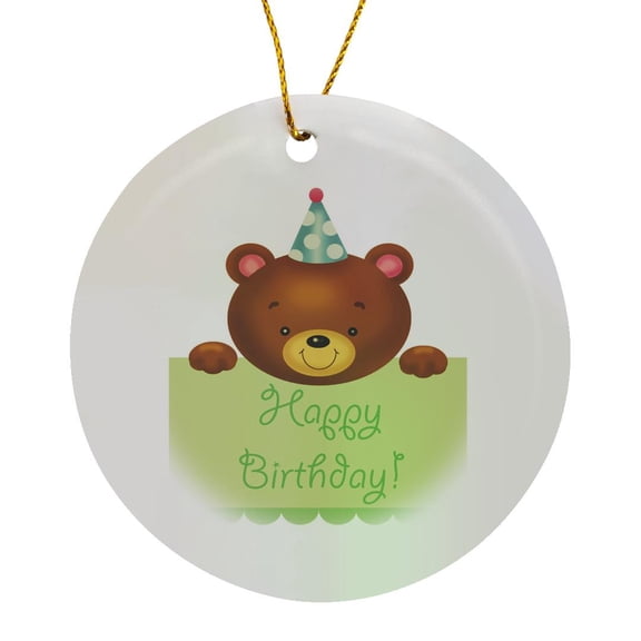 3drose, Cute Brown Teddy Bear with Happy Birthday Message, Circle Porcelain Ornament