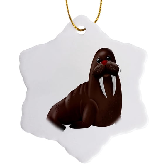 3drose, Cute Brown Walrus Illustration, 3 inch Snowflake Porcelain Ornament