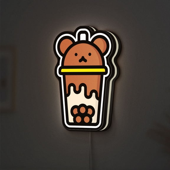 Cute Bubble Tea Bear 3D Novelty Light Box, Sweet Beverage Lamp Decor for Foodie Gifts, Boba Drink Fans and Cafe Spaces (Width 16 inch, 40cm)