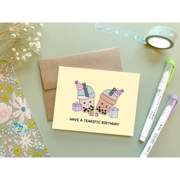 Cute Bubble Tea Birthday Card  Have a Tea-rific Birthday Greeting  Adorable Character Design  Envelope Included, Blank Inside  Perfect for Friends and Loved Ones