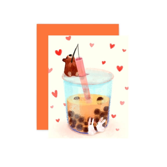 Cute Bubble Tea Card with Adorable Animal Design  Perfect for Friends and Loved Ones  Blank Inside, Envelope Included  Great for Any Occasion!