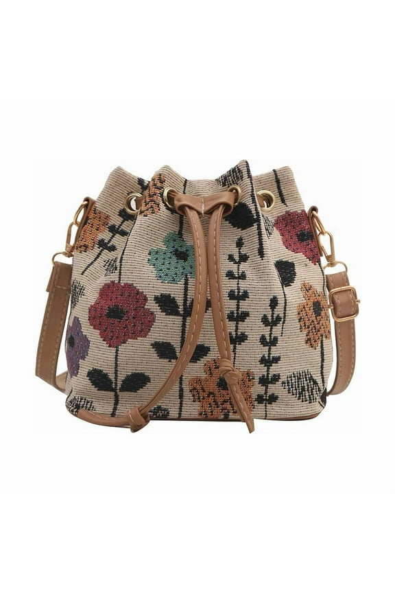Cute Bucket Bags for Women, Kawaii Small Floral Tote Bag Flower Purse, Mini Embroidery Aesthetic Boho Bag Needlepoint Barrel Drawstring Purse