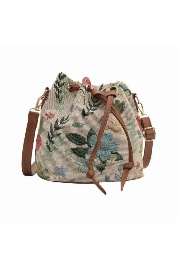 Cute Bucket Bags for Women, Kawaii Small Floral Tote Bag Flower Purse, Mini Embroidery Aesthetic Boho Bag Needlepoint Barrel Drawstring Purse
