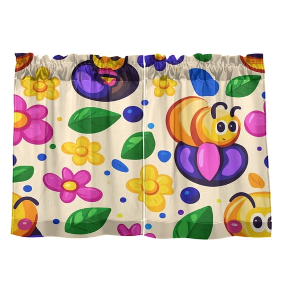 Cute Bugs and Flowers 27"x24" Linen Look Cafe Curtain Set with Privacy and UV Protection