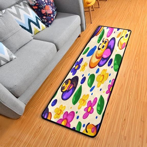 Cute Bugs and Flowers Long Area Rug 72" x 24" Non-Slip Polyester with Cotton Padding