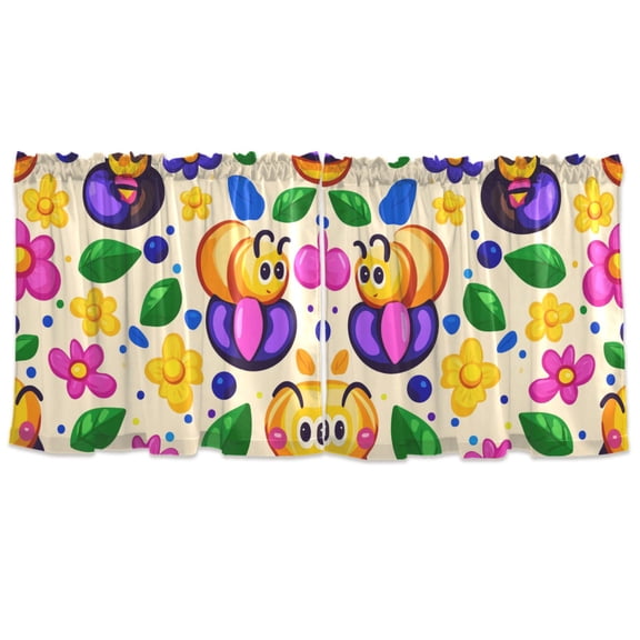 Cute Bugs and Flowers Tier Curtains for Kitchen 57x36 Inch Semi Sheer Light Filtering Half Window Curtains 2 Panels