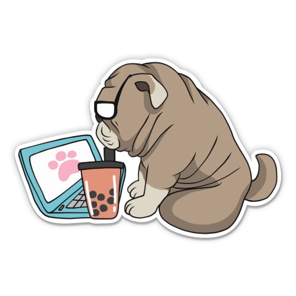 Cute Bulldog Bubble Tea Funny - 3" Vinyl Sticker - For Car Laptop Water Bottle Phone - Waterproof Decal