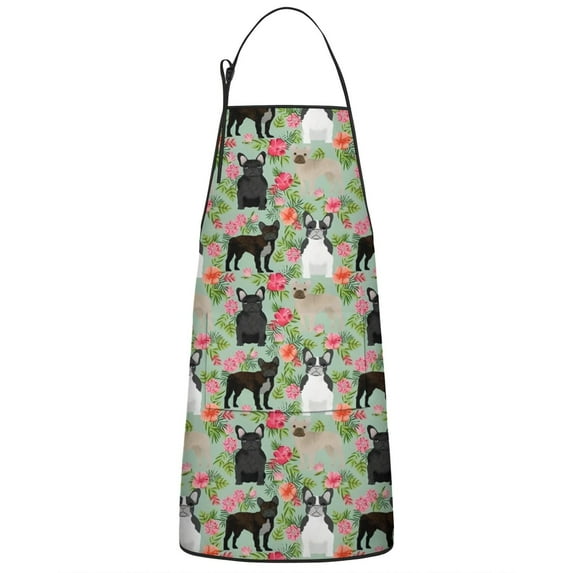 Cute Bulldog Dog and Flower Florals Apron-Garden Aprons for Women with Pockets-Cotton Linen Waterproof Kitchen Cooking Gardening Aprons Adjustable for Kitchen,Cooking,BBQ and Salon 33x27 Inch