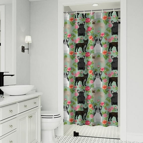 Cute Bulldog Dog and Flower Florals Shower Curtain 36"x72" ,Bathroom Decorative Shower Curtains Set with 12 Hooks,Modern Waterproof Washable Shower Curtain