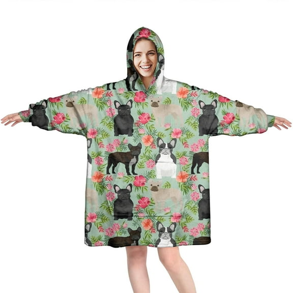 Cute Bulldog Dog and Flower Florals Wearable Oversized Blanket,Wearable Blanket Hoodie for Adults,Cozy Hooded Blankets with Super Pockets,Super Warm Fuzzy Pullover for Women & Men