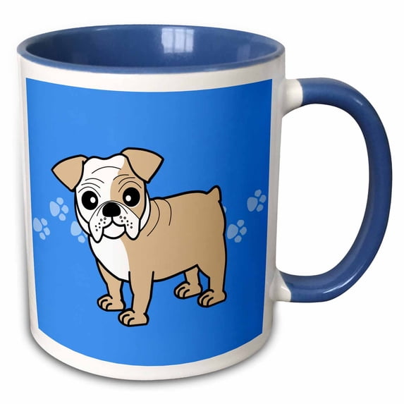 3drose, Cute Bulldog Fawn and White Coat - Cartoon Dog - Blue with Pawprints, 15oz Two-tone Blue Mug