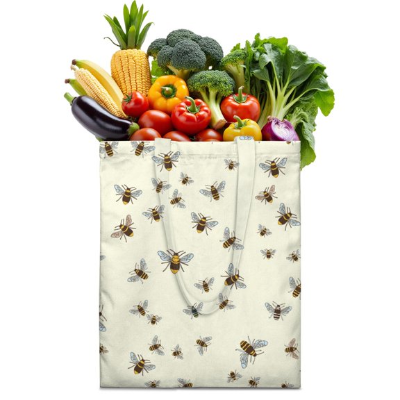 Cute Bumble Bee Canvas Shopping Bag for Women, Durable Eco-Friendly Reusable Tote Bag with Honeycomb Print, Lightweight Foldable Handbag for School, Shopping, Beach