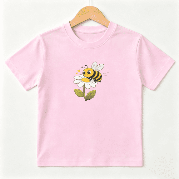 Cute Bumble Bee Daisy Girls Graphic Tee, Funny Honey Insect 100% Cotton Kids Short Sleeve T-Shirt