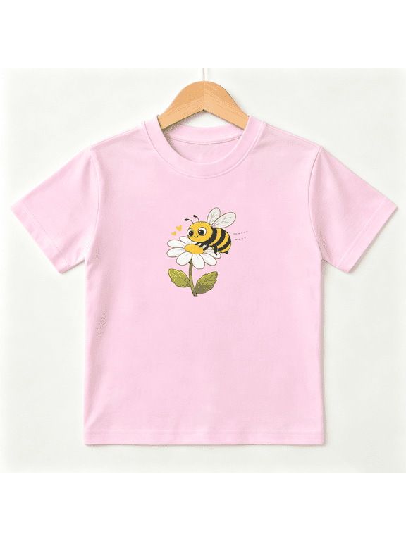 Cute Bumble Bee Daisy Girls Graphic Tee, Funny Honey Insect 100% Cotton Kids Short Sleeve T-Shirt