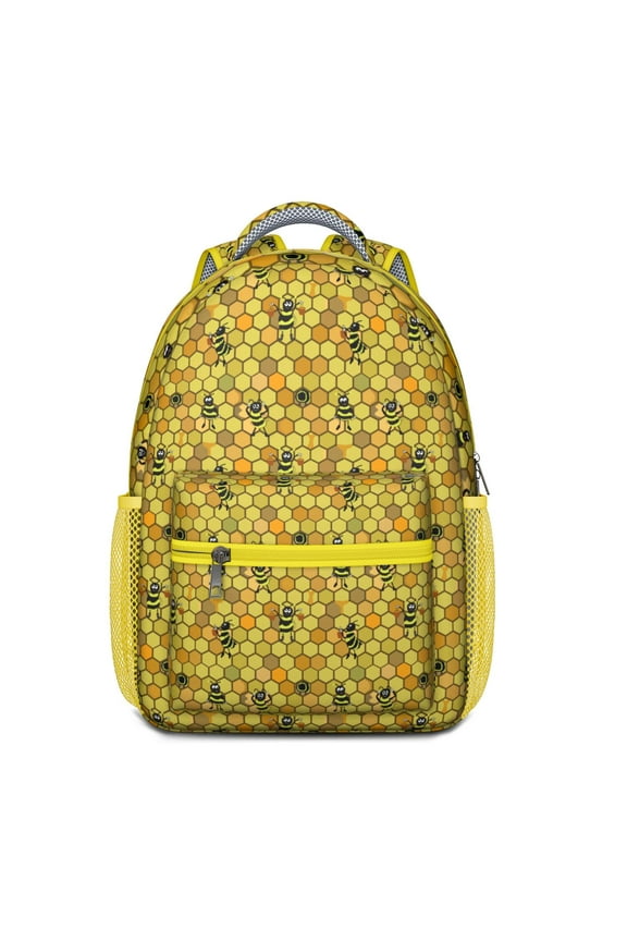 Cute Bumble Bee Print School Backpack – Honeycomb Pattern Cartoon Schoolbag for Honeybee Lovers and Bee Fans
