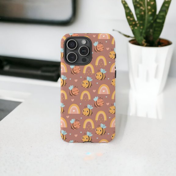 Cute Bumble Bee Rainbow Bees Pink Tough Phone Case, Dual-Layer Protective Cover for iPhone